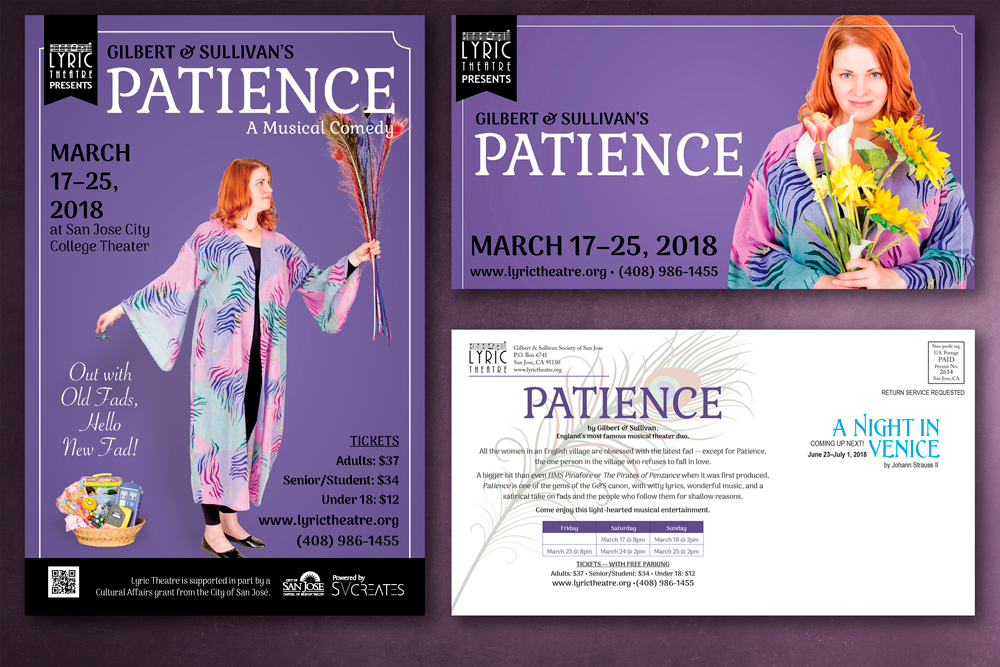 Promotional poster for 'Gilbert & Sullivan's Patience,' featuring a woman in a colorful costume holding flowers. Includes performance dates and ticket prices, designed for a musical comedy event.