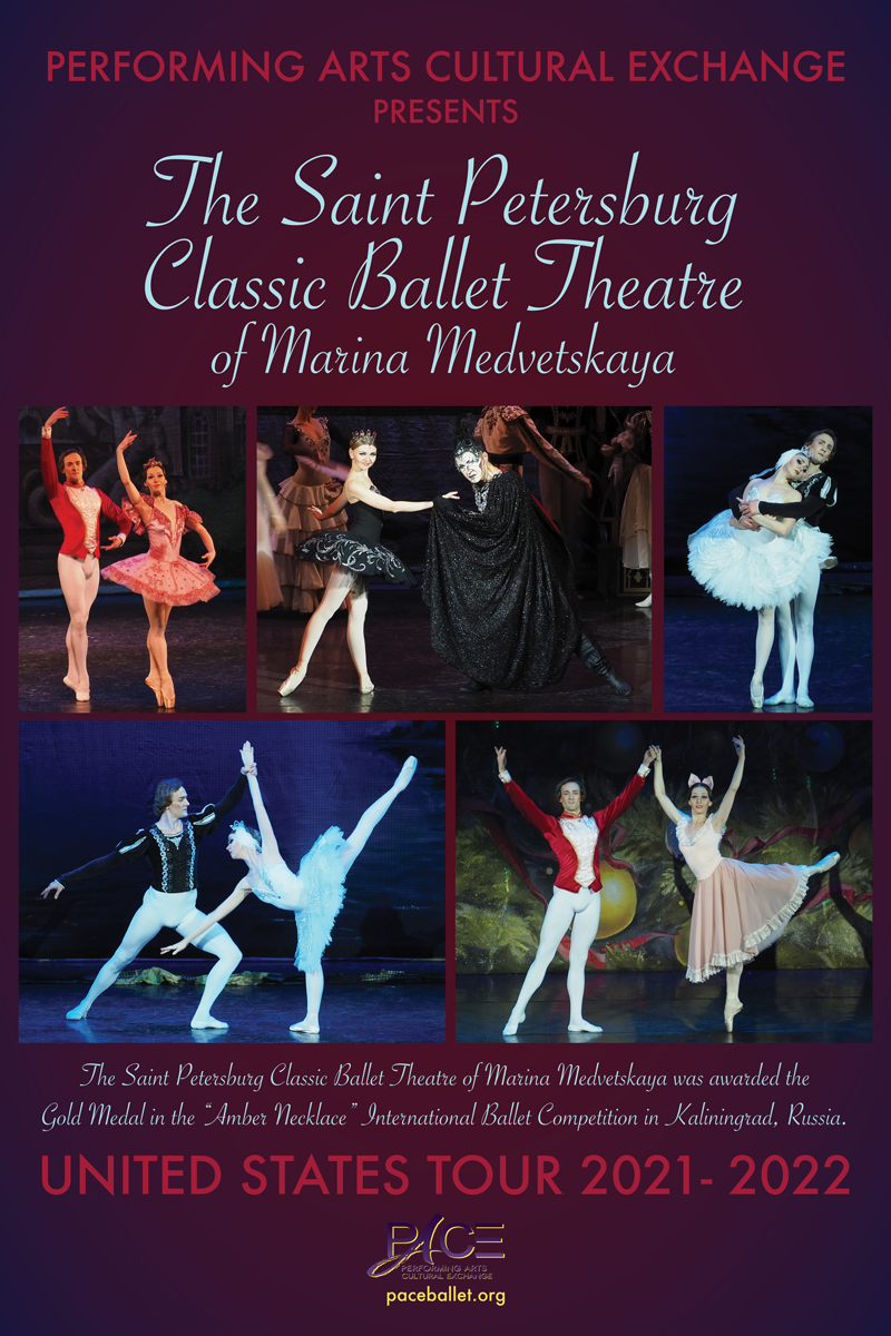 Promotional poster for the Saint Petersburg Classic Ballet Theatre of Marina Medvetskaya's United States Tour 2021-2022, featuring various ballet performances with dancers in elaborate costumes.