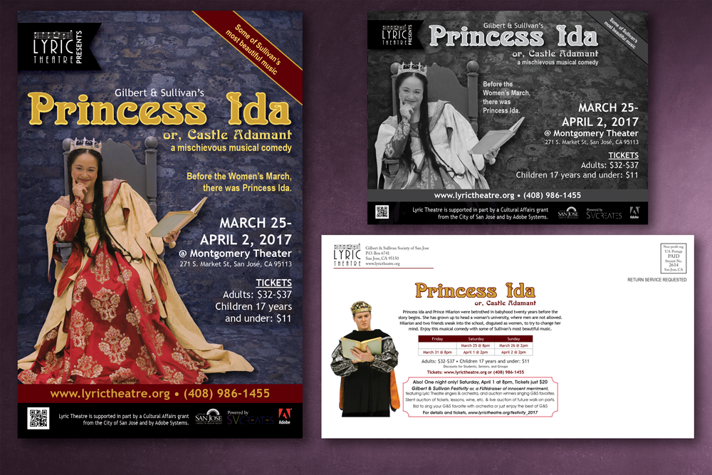 Promotional poster for the musical 'Princess Ida' featuring a woman in royal attire holding a book, sitting on a throne. Includes performance dates and ticket information.