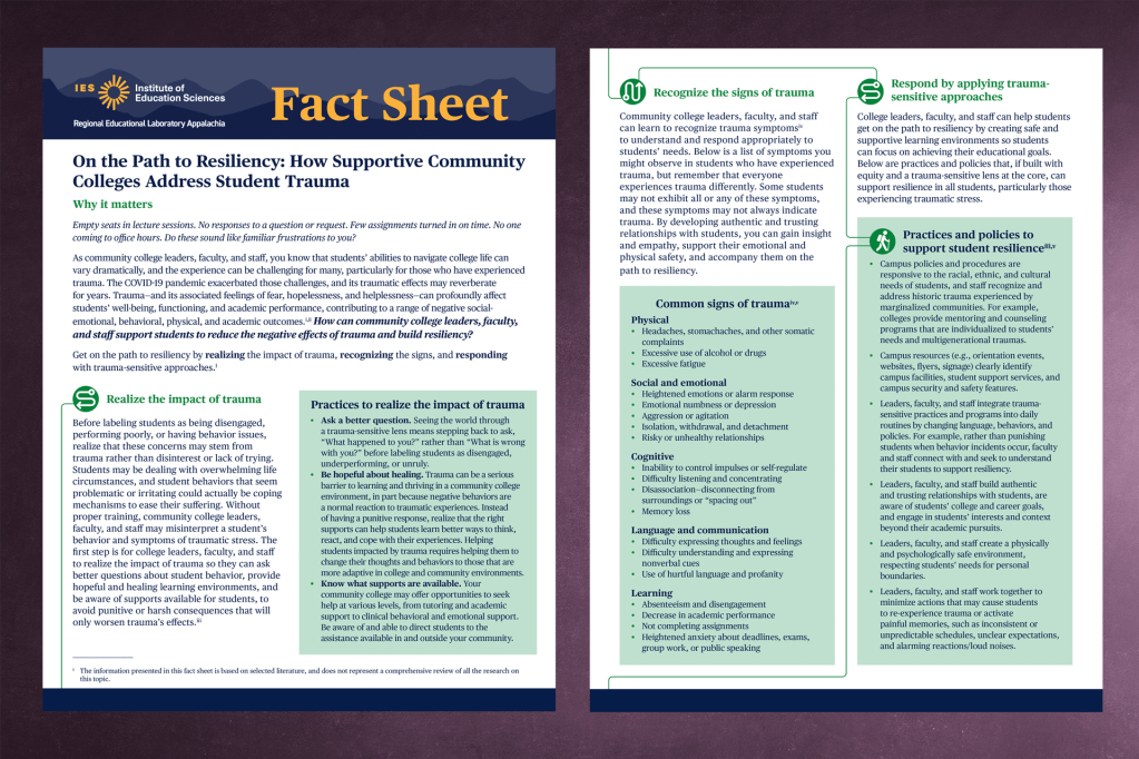 Infographic titled 'On the Path to Resiliency: How Supportive Community Colleges Address Student Trauma' outlining strategies for recognizing and responding to student trauma.