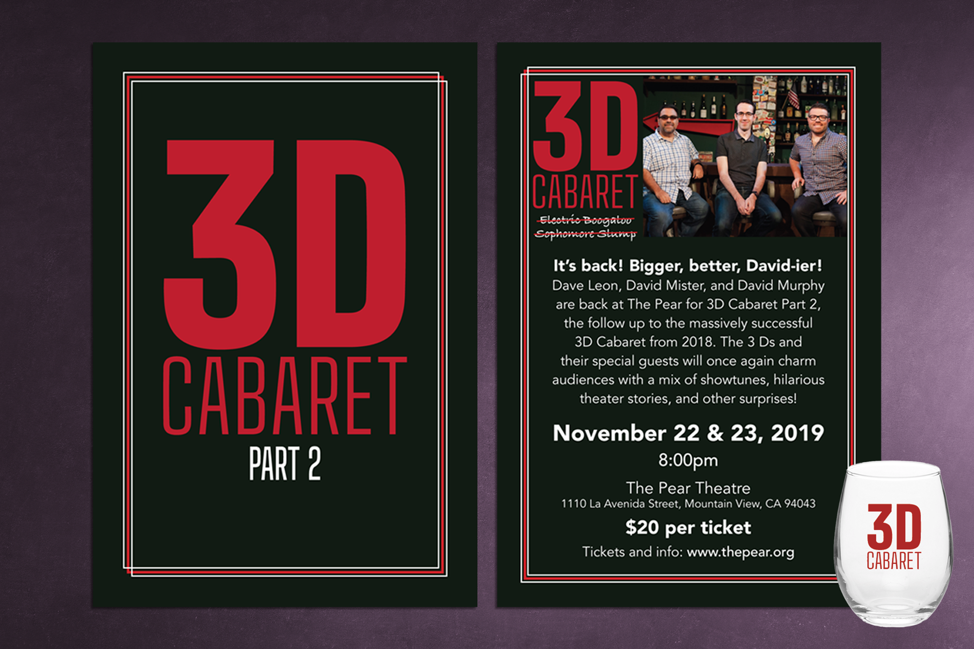 Event poster for '3D Cabaret Part 2' featuring a black background with red and white text, details about the show including date, time, and location, and images of three men sitting together.