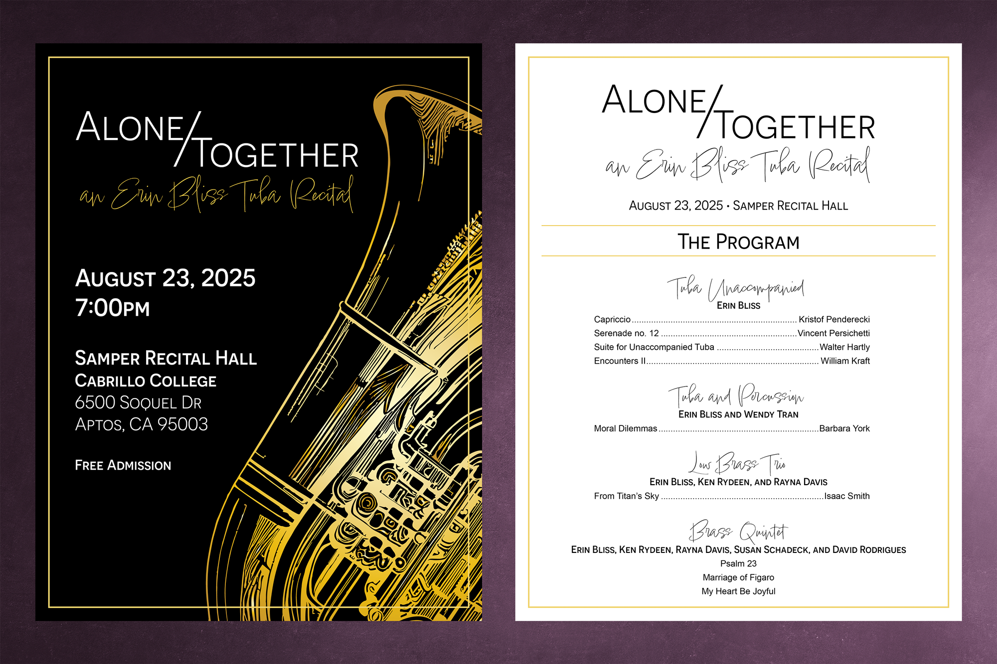 Promotional poster for 'Alone/Together: An Erin Bliss Tuba Recital' featuring event details including date, time, and location, along with a tuba illustration.