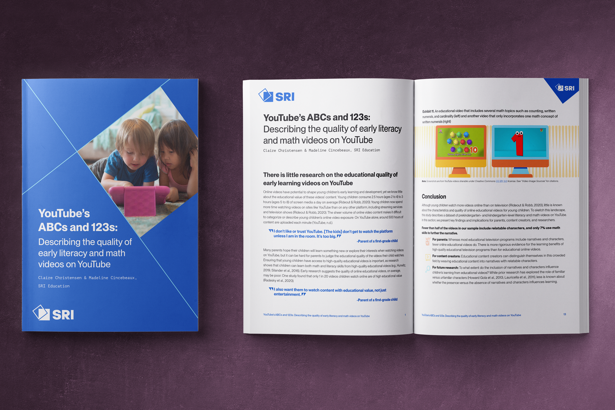 Cover and interior pages of a report titled 'YouTube's ABCs and 123s', discussing the quality of early literacy and math videos on YouTube, featuring images of children and educational content.