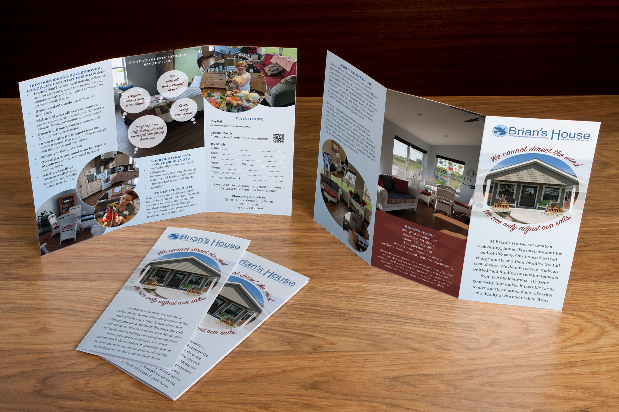 A tri-fold brochure for Brian's House featuring colorful images of rooms and activities, along with text outlining their services and donation options on a wooden surface.