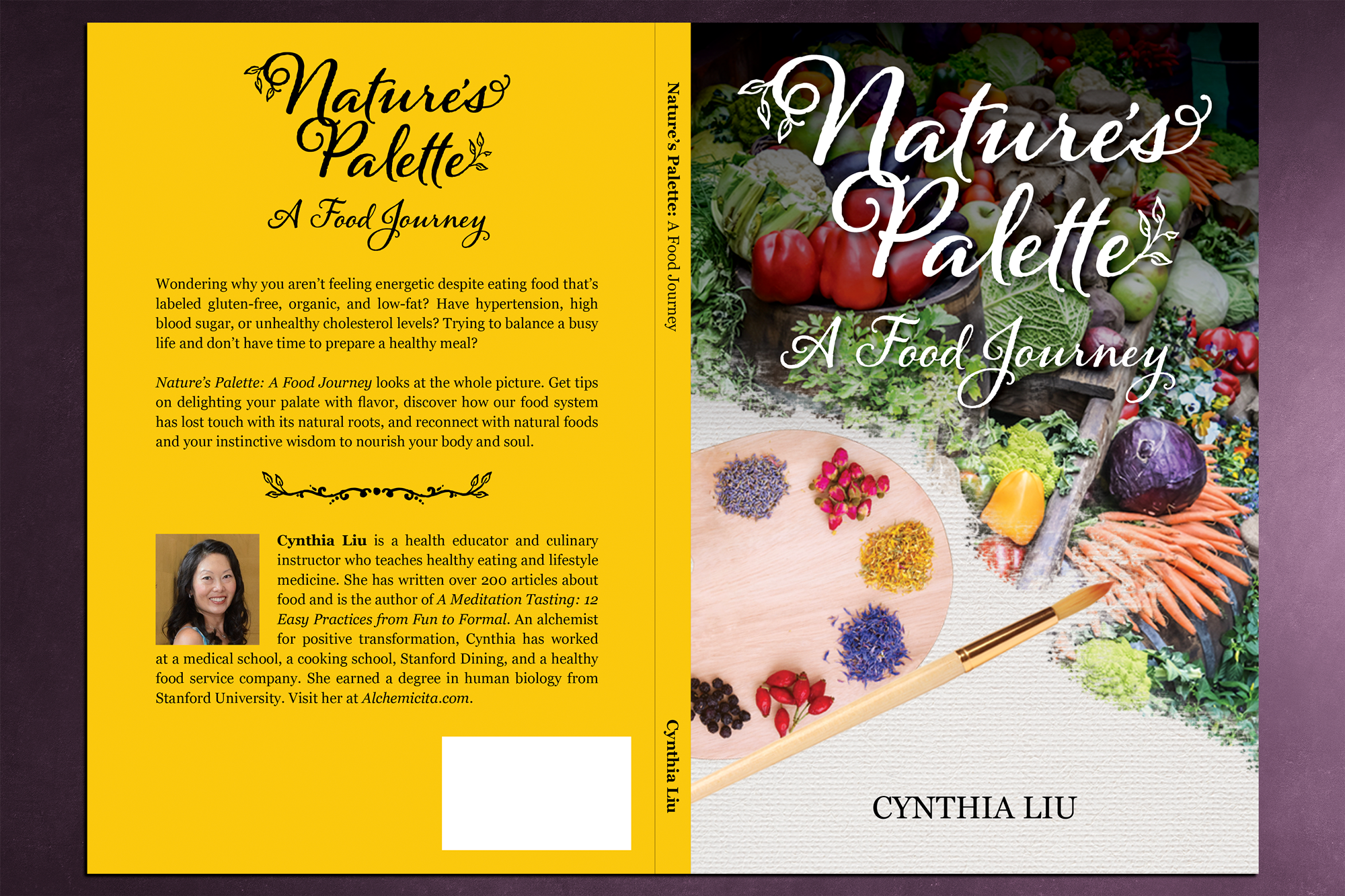 Cover design of 'Nature's Palette: A Food Journey' featuring a vibrant array of fresh vegetables and herbs. The title and author's name are prominently displayed, along with a description of healthy eating benefits.